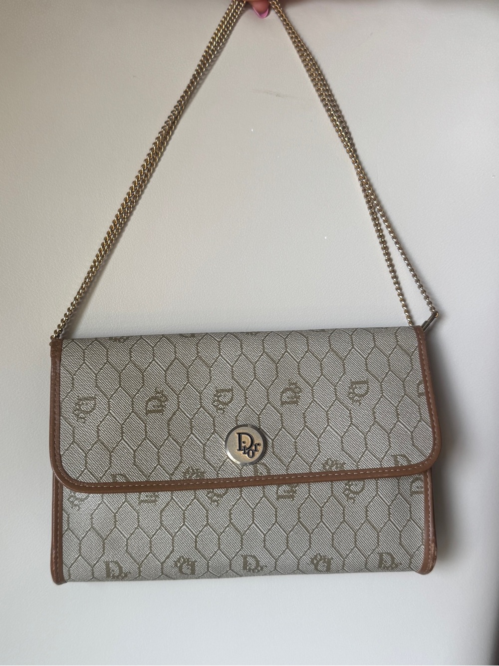 Christian Dior Beige Honeycomb Leather Crossbody Bag with Gold Chain